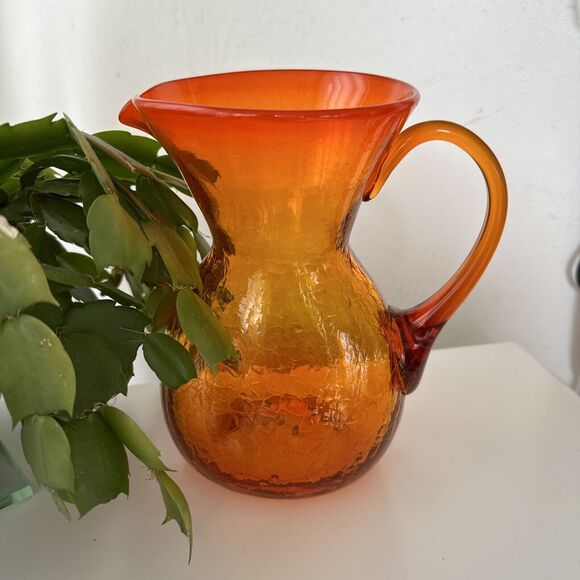Vintage BLENKO Crackle Hand Blown Art Glass Tangerine/ Amberina Pitcher w Handle - Picture 1 of 9
